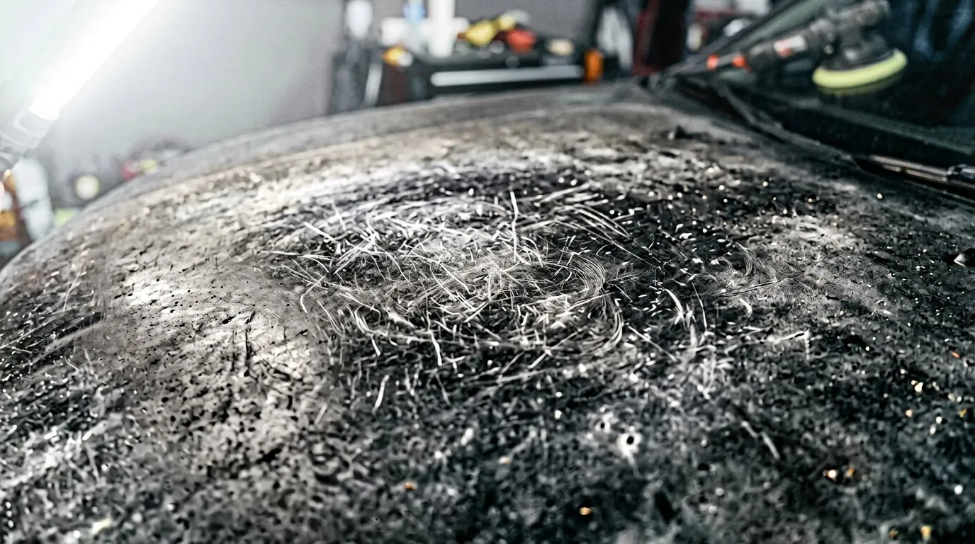 Close-up cat kereta kusam penuh calar pusaran sebelum pembetulan