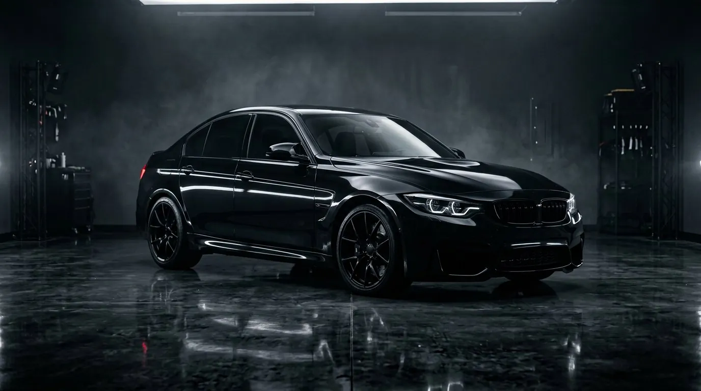 Sedan sport hitam berkilat di dalam studio detailing gelap dengan pantulan cahaya sinematik