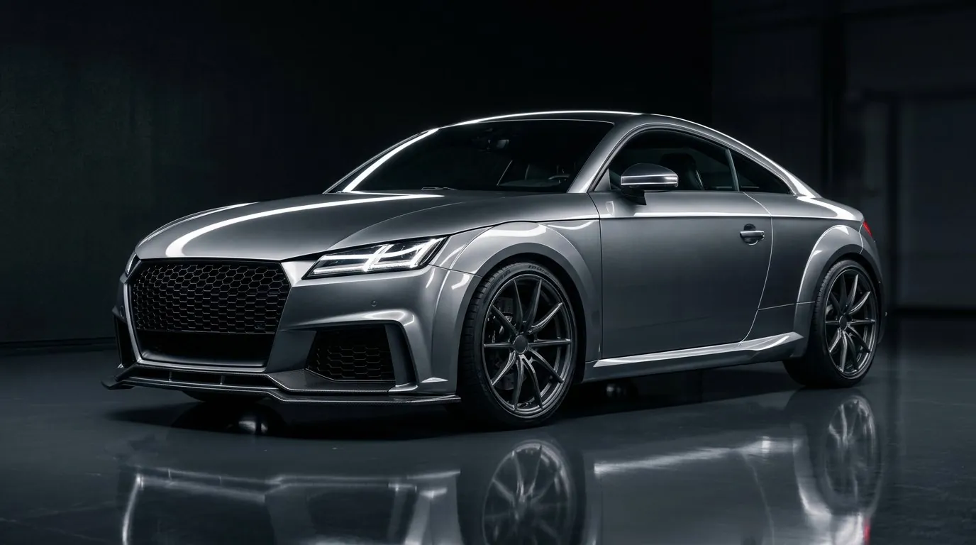 Coupe sport kelabu metalik di studio gelap selepas ceramic coating