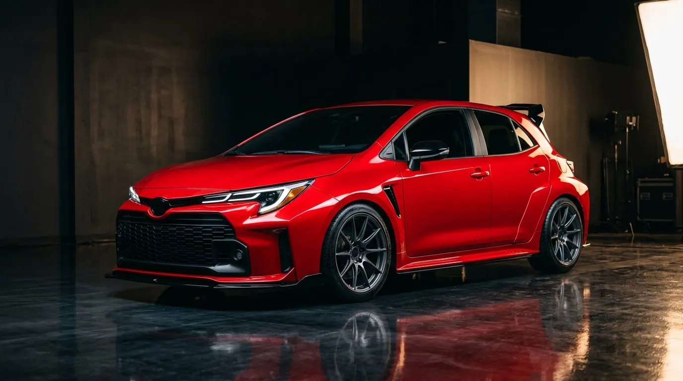 Hatchback prestasi merah dengan kilauan cat selepas paint correction